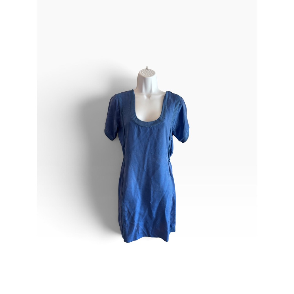 MM6 Maison Margiela S Silk Blue Short Sleeve Ribbed Trim Mini Dress Designer